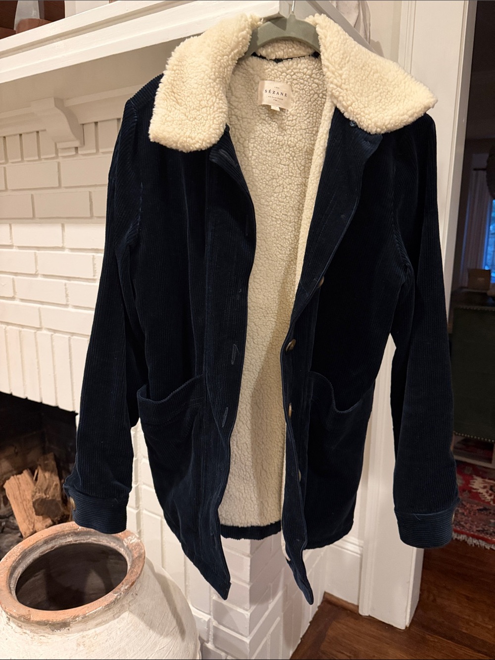 Sezane Navy Corduroy Sherpa-Lined Bomber